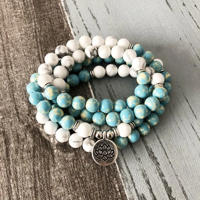 "I Am Balanced" Howlite and Jasper Mala - 108 Beads With Lotus Charm