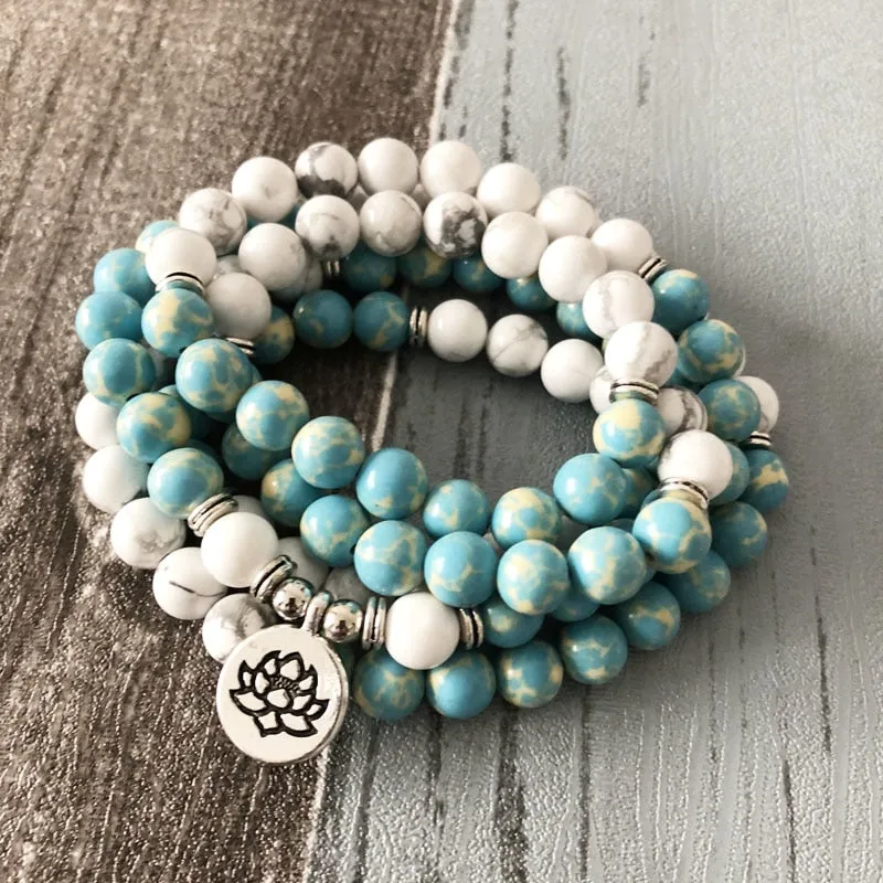 "I Am Balanced" Howlite and Jasper Mala - 108 Beads With Lotus Charm