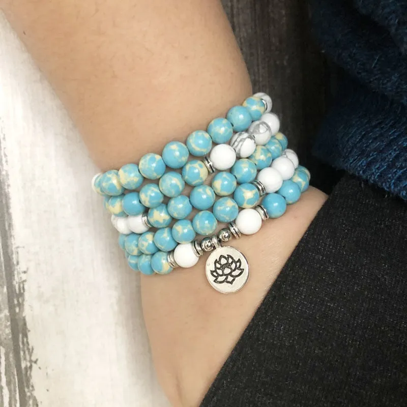 "I Am Balanced" Howlite and Jasper Mala - 108 Beads With Lotus Charm