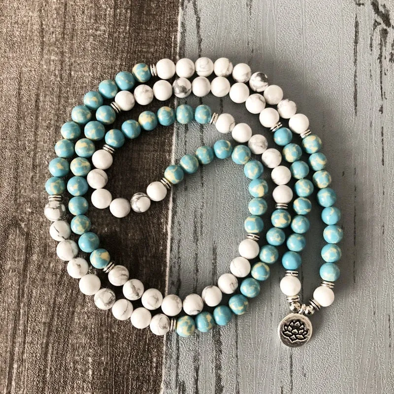 "I Am Balanced" Howlite and Jasper Mala - 108 Beads With Lotus Charm