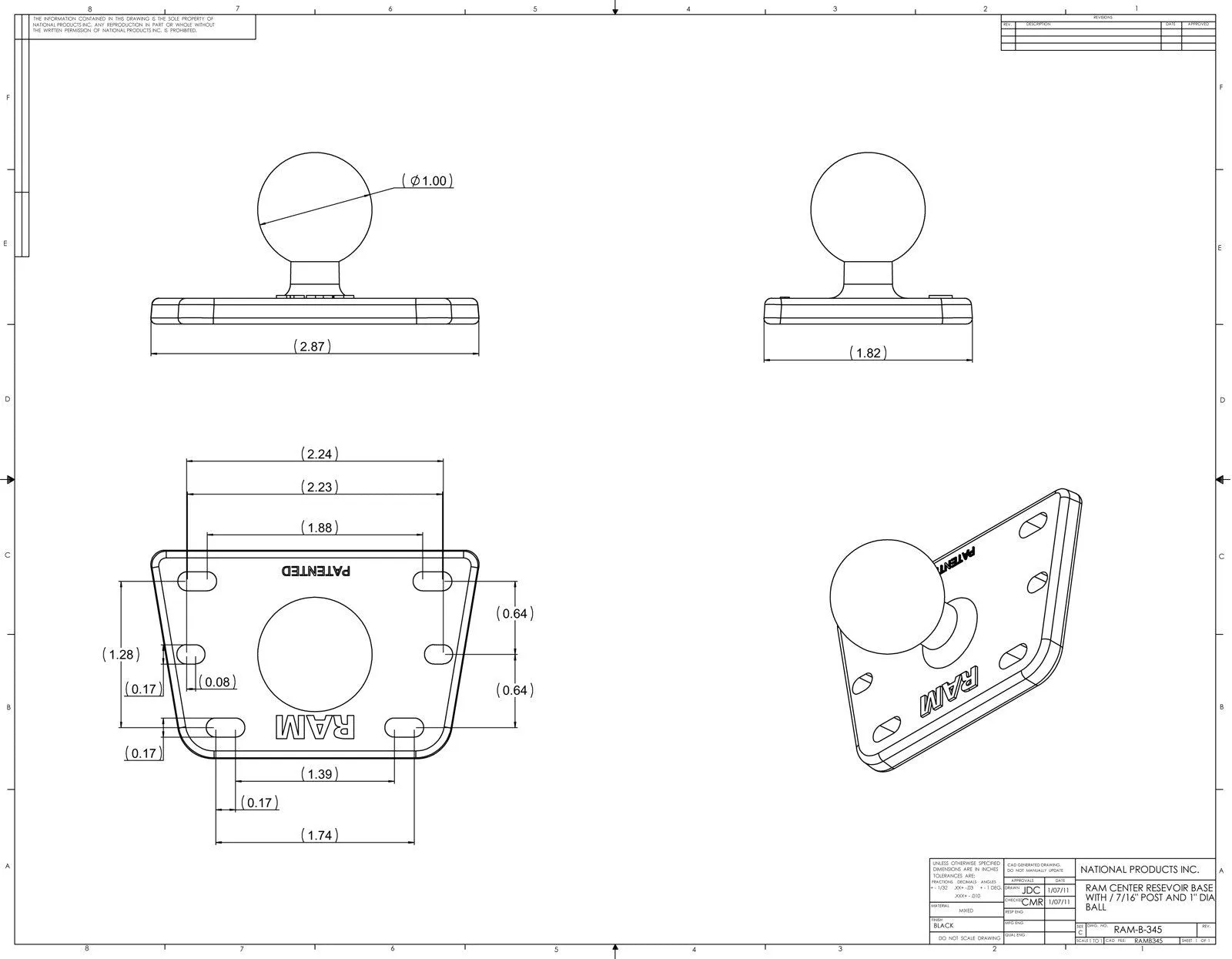RAM Base - Motorcycle Brake/Clutch Reservoir Cover Base with 1" Ball Centered
