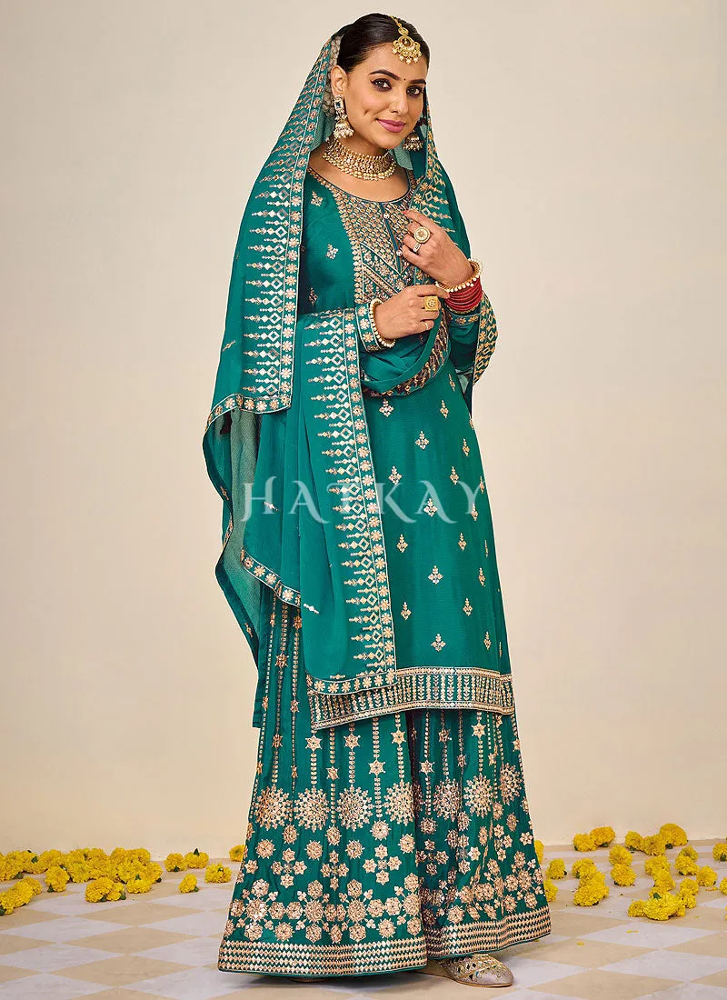 Rama Green Embroidered Traditional Gharara Suit