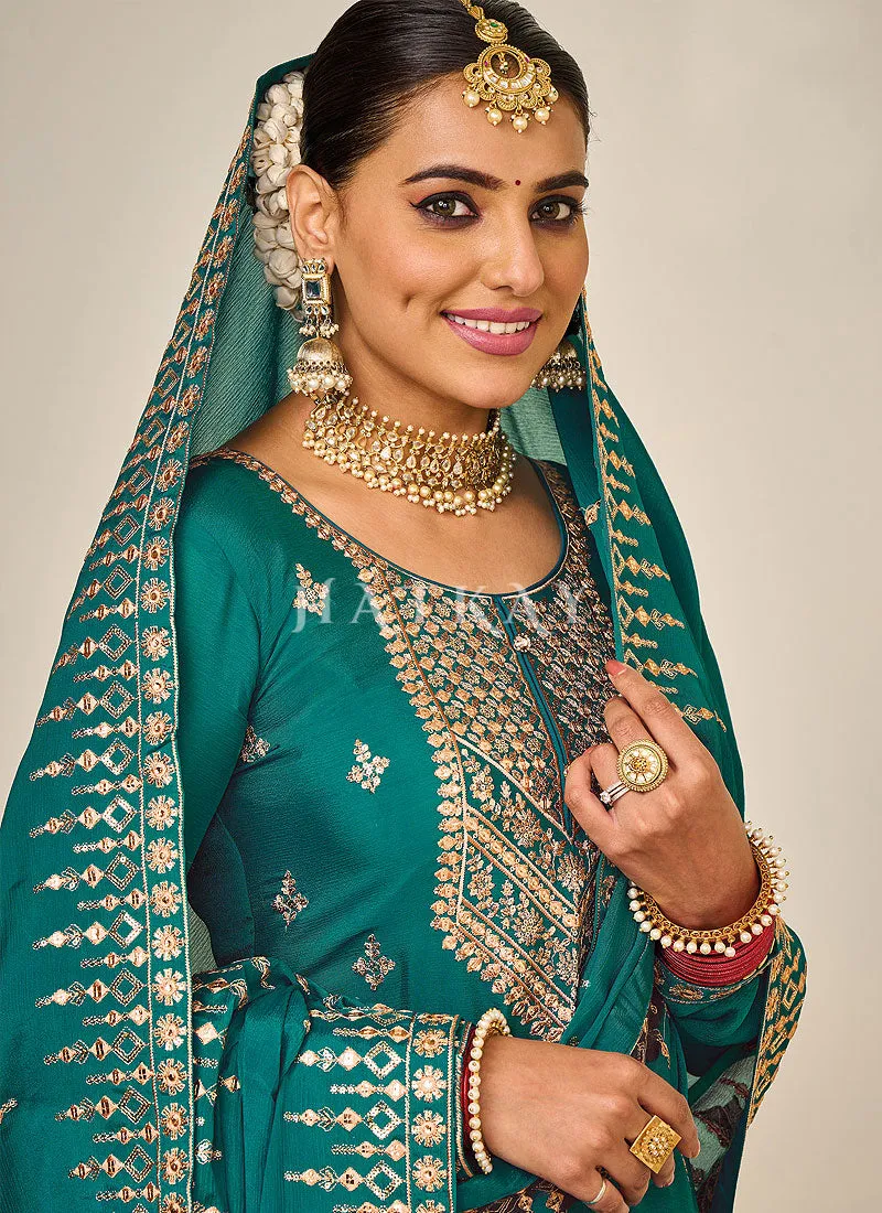 Rama Green Embroidered Traditional Gharara Suit