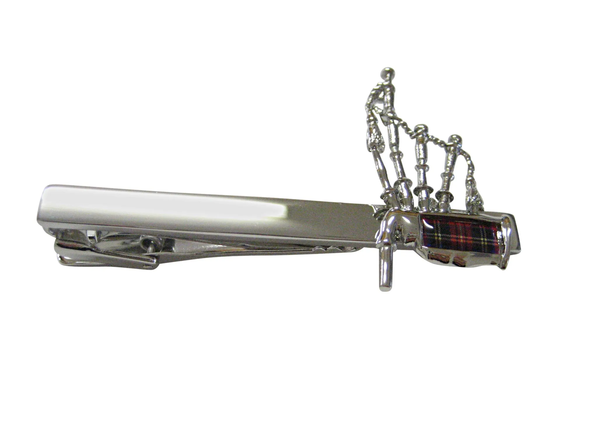 Red and Silver Toned Scottish Bag Pipes Music Instrument Square Tie Clip