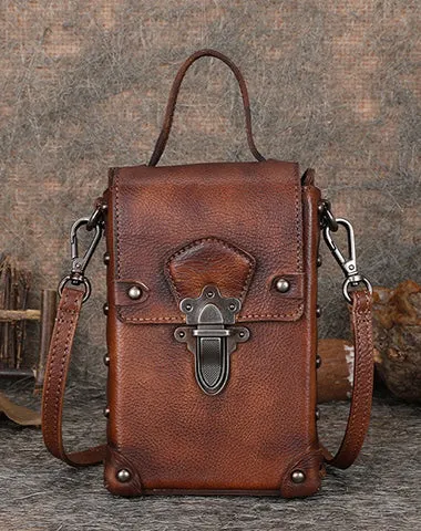 Red Brown Leather Womens Small Box Shoulder Bag Cube Small Handmade Handbag Purse for Ladies