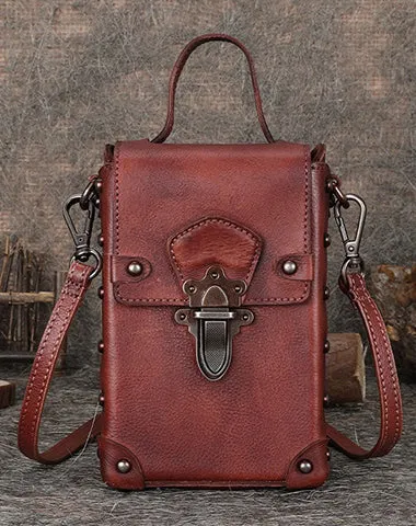 Red Brown Leather Womens Small Box Shoulder Bag Cube Small Handmade Handbag Purse for Ladies