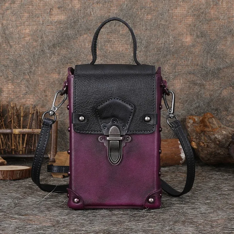 Red Brown Leather Womens Small Box Shoulder Bag Cube Small Handmade Handbag Purse for Ladies