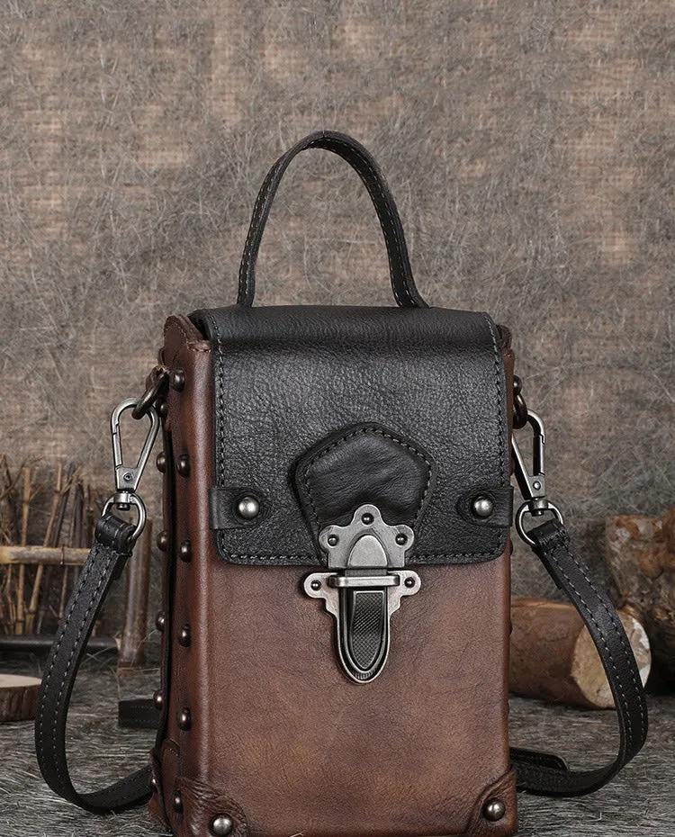 Red Brown Leather Womens Small Box Shoulder Bag Cube Small Handmade Handbag Purse for Ladies