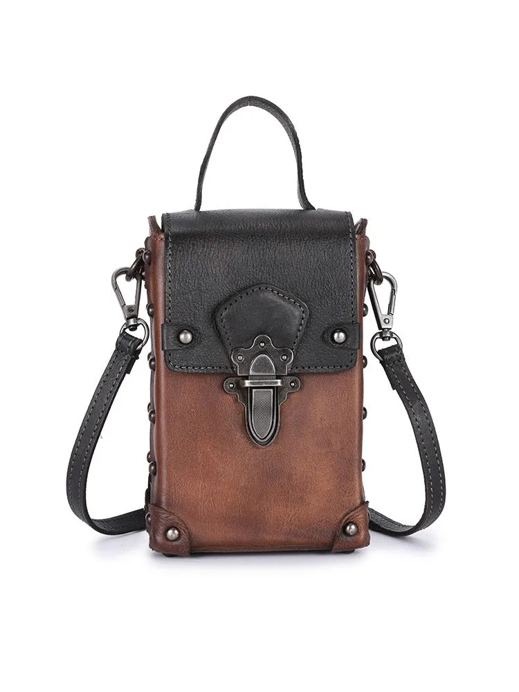 Red Brown Leather Womens Small Box Shoulder Bag Cube Small Handmade Handbag Purse for Ladies