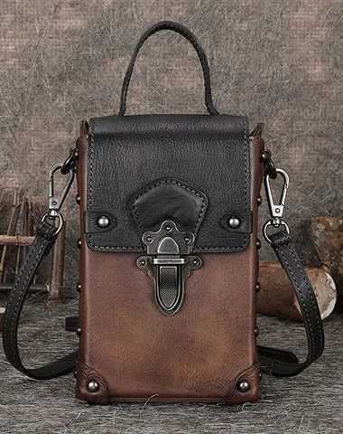 Red Brown Leather Womens Small Box Shoulder Bag Cube Small Handmade Handbag Purse for Ladies