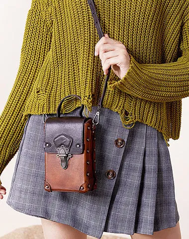 Red Brown Leather Womens Small Box Shoulder Bag Cube Small Handmade Handbag Purse for Ladies