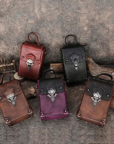 Red Brown Leather Womens Small Box Shoulder Bag Cube Small Handmade Handbag Purse for Ladies