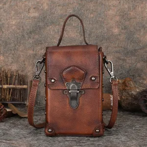 Red Brown Leather Womens Small Box Shoulder Bag Cube Small Handmade Handbag Purse for Ladies