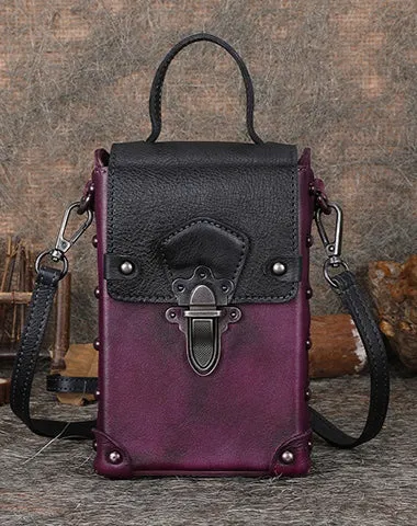 Red Brown Leather Womens Small Box Shoulder Bag Cube Small Handmade Handbag Purse for Ladies