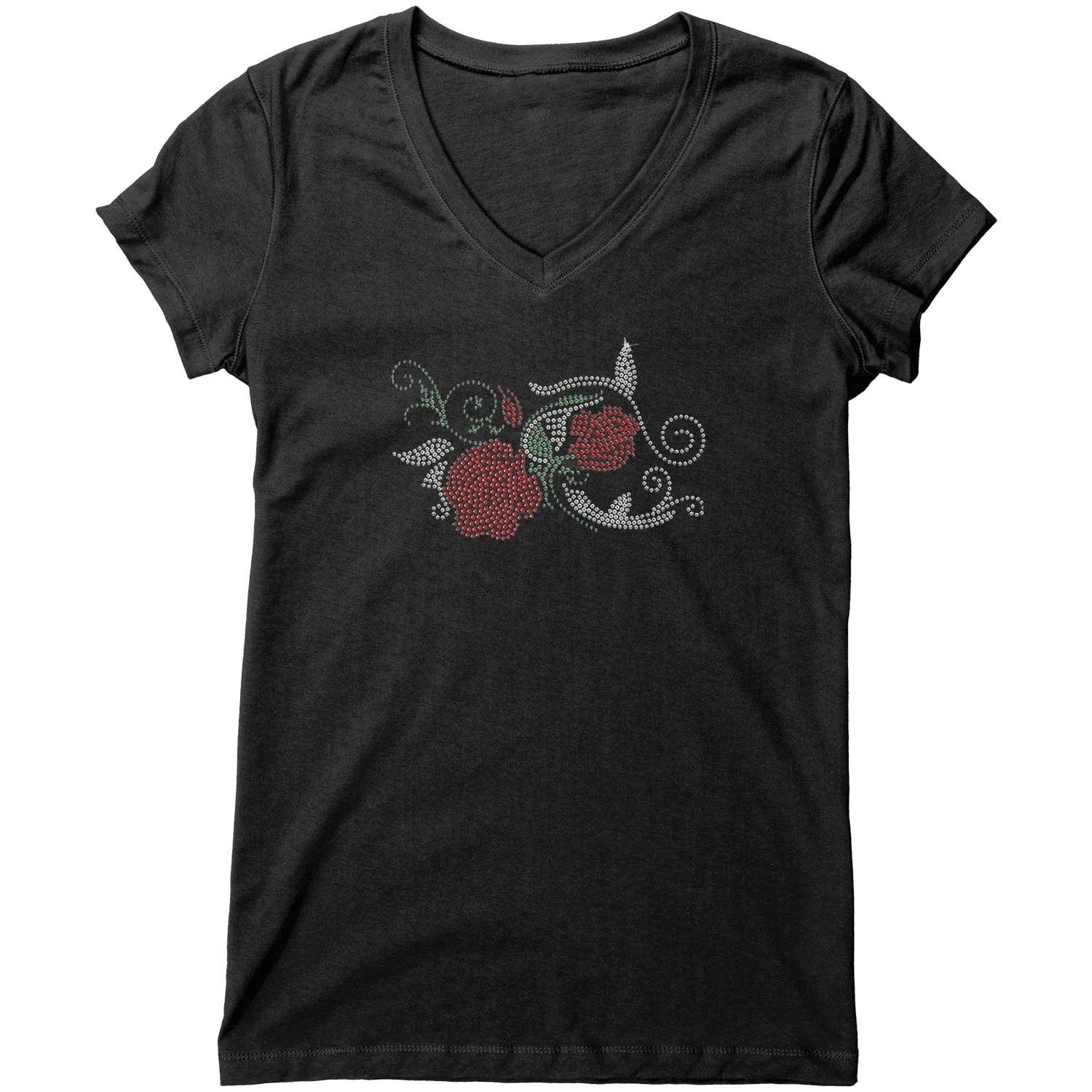 Rhinestone Red Rose Tee Shirt Crew Neck, V Neck, Tank Top