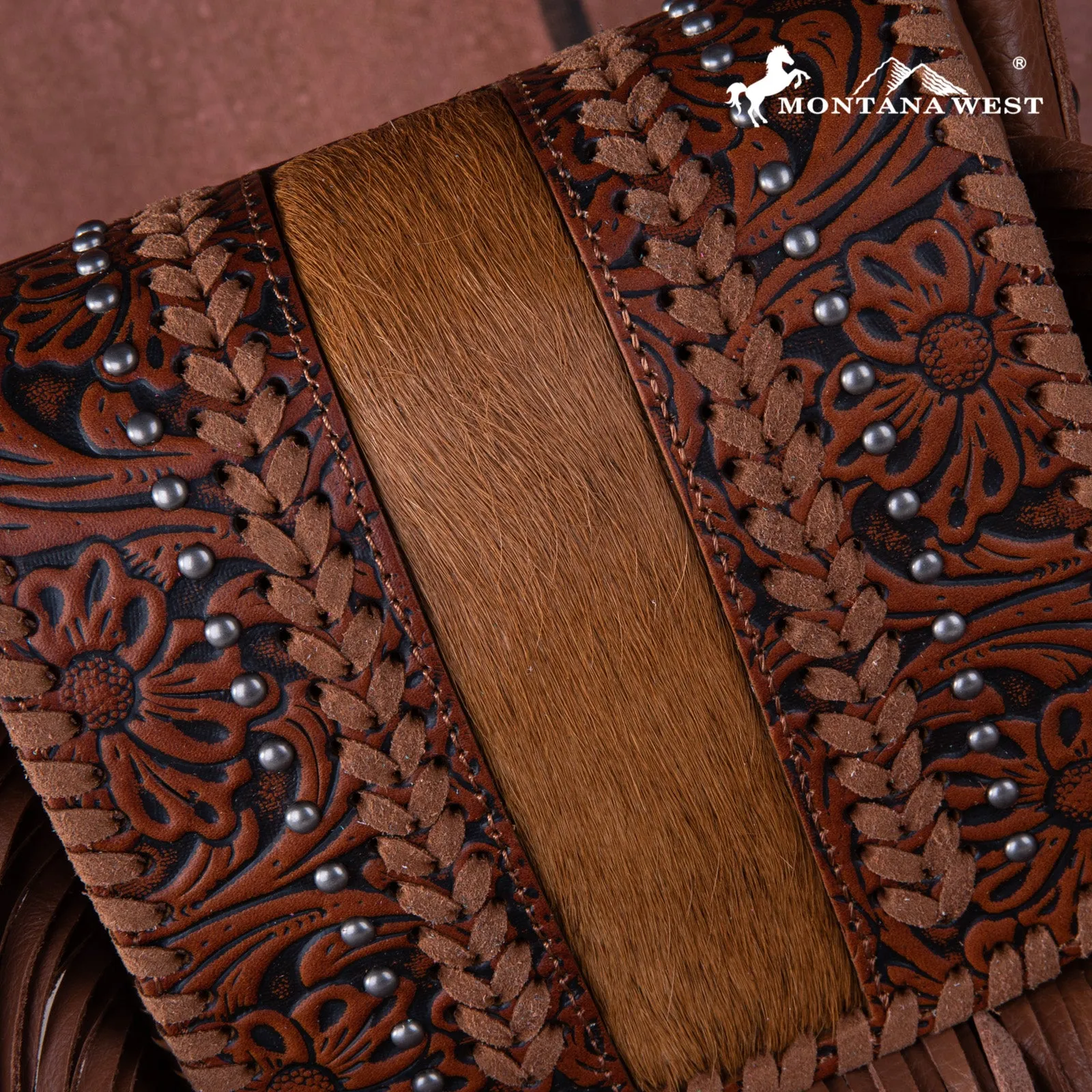 RLC-L168 Montana West Genuine Leather Tooled Collection Fringe Crossbody