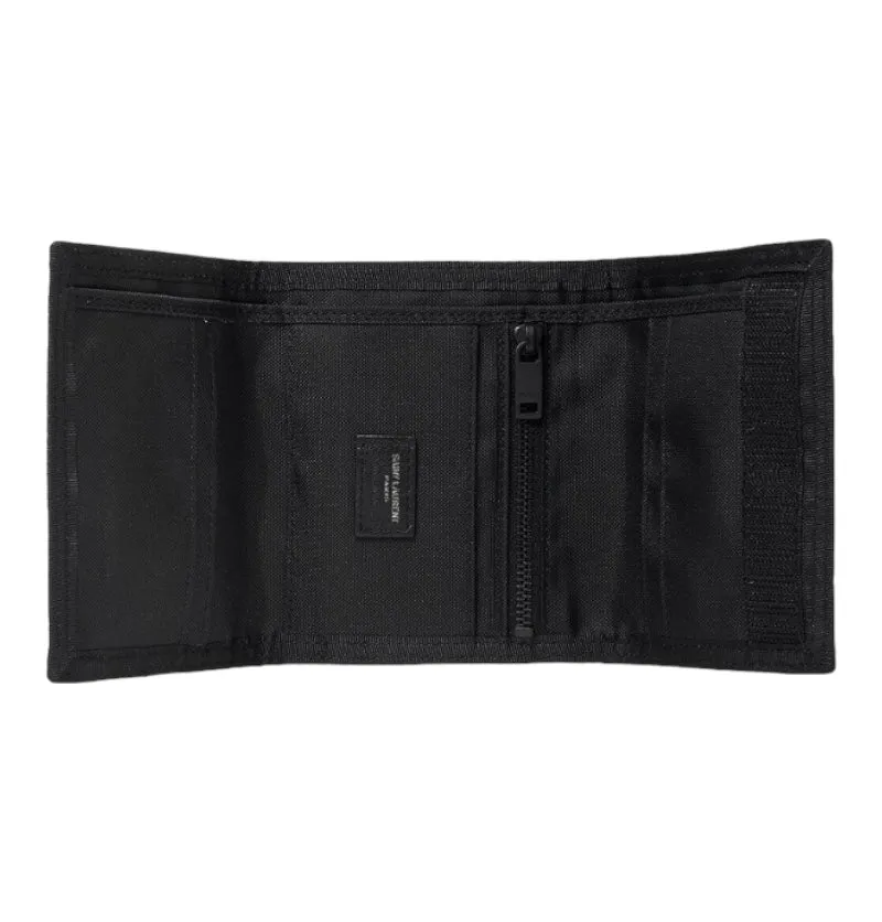 SAINT LAURENT Logo Print Glossed Nylon Ripstop Trifold Wallet Black