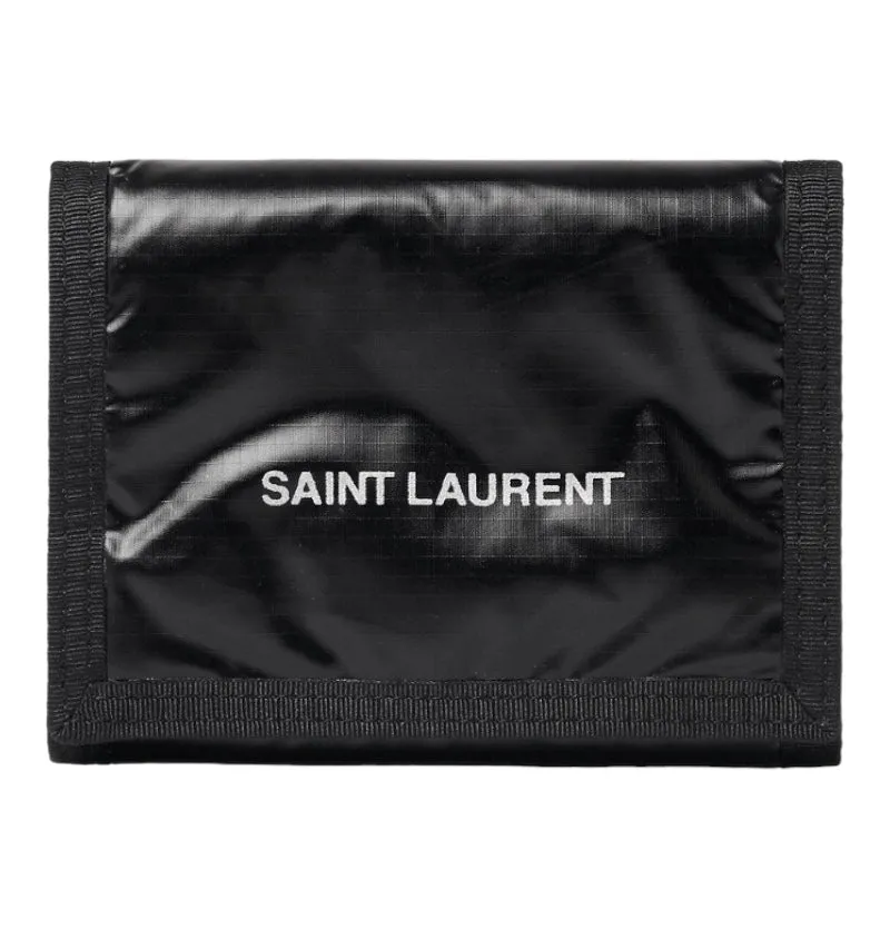 SAINT LAURENT Logo Print Glossed Nylon Ripstop Trifold Wallet Black