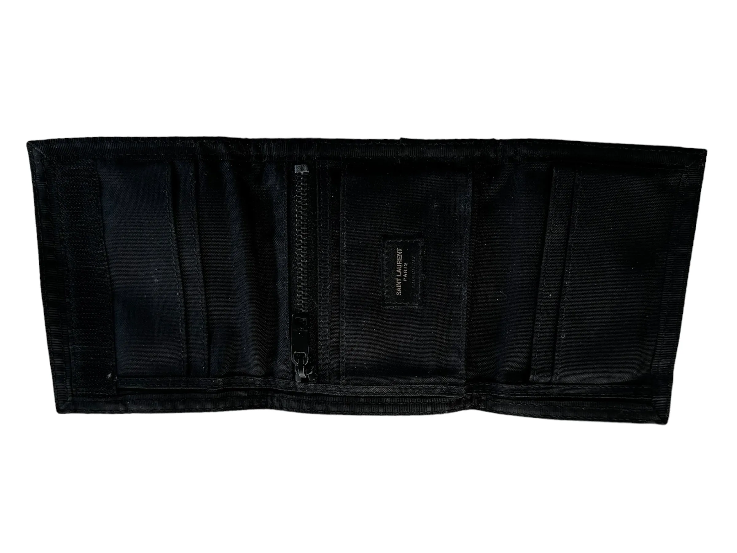 SAINT LAURENT Logo Print Glossed Nylon Ripstop Trifold Wallet Black