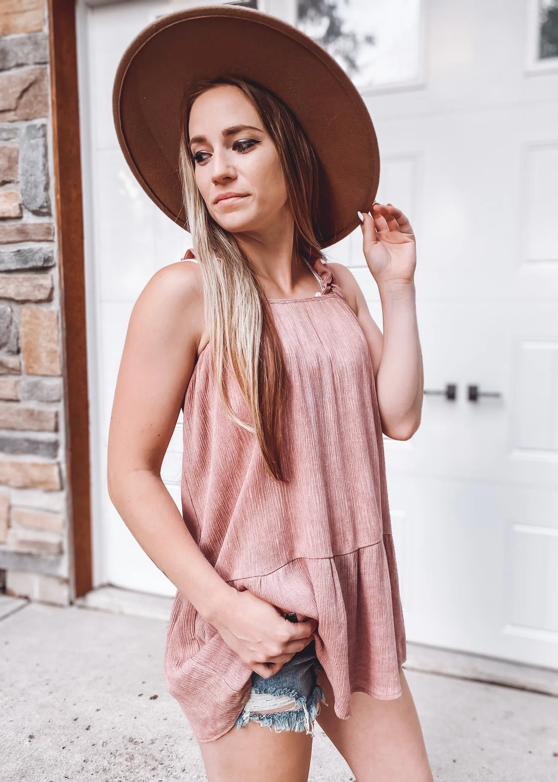 Samantha Crinkle Shoulder Top | Mauve