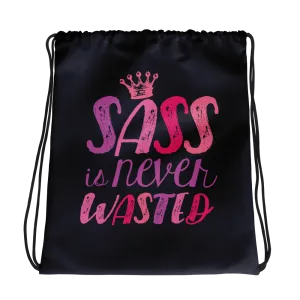 Sass is Never Wasted (Pink on Navy Drawstring Bag)