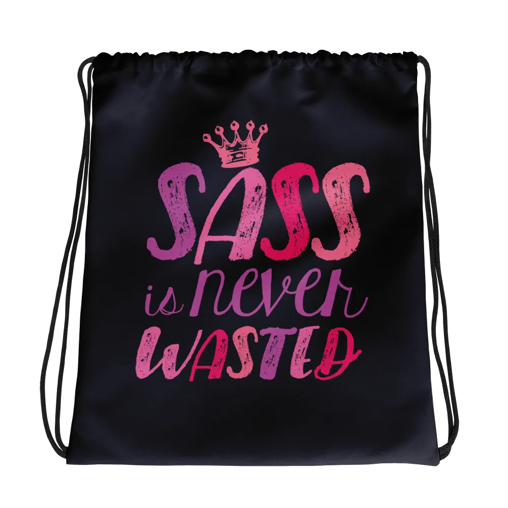 Sass is Never Wasted (Pink on Navy Drawstring Bag)