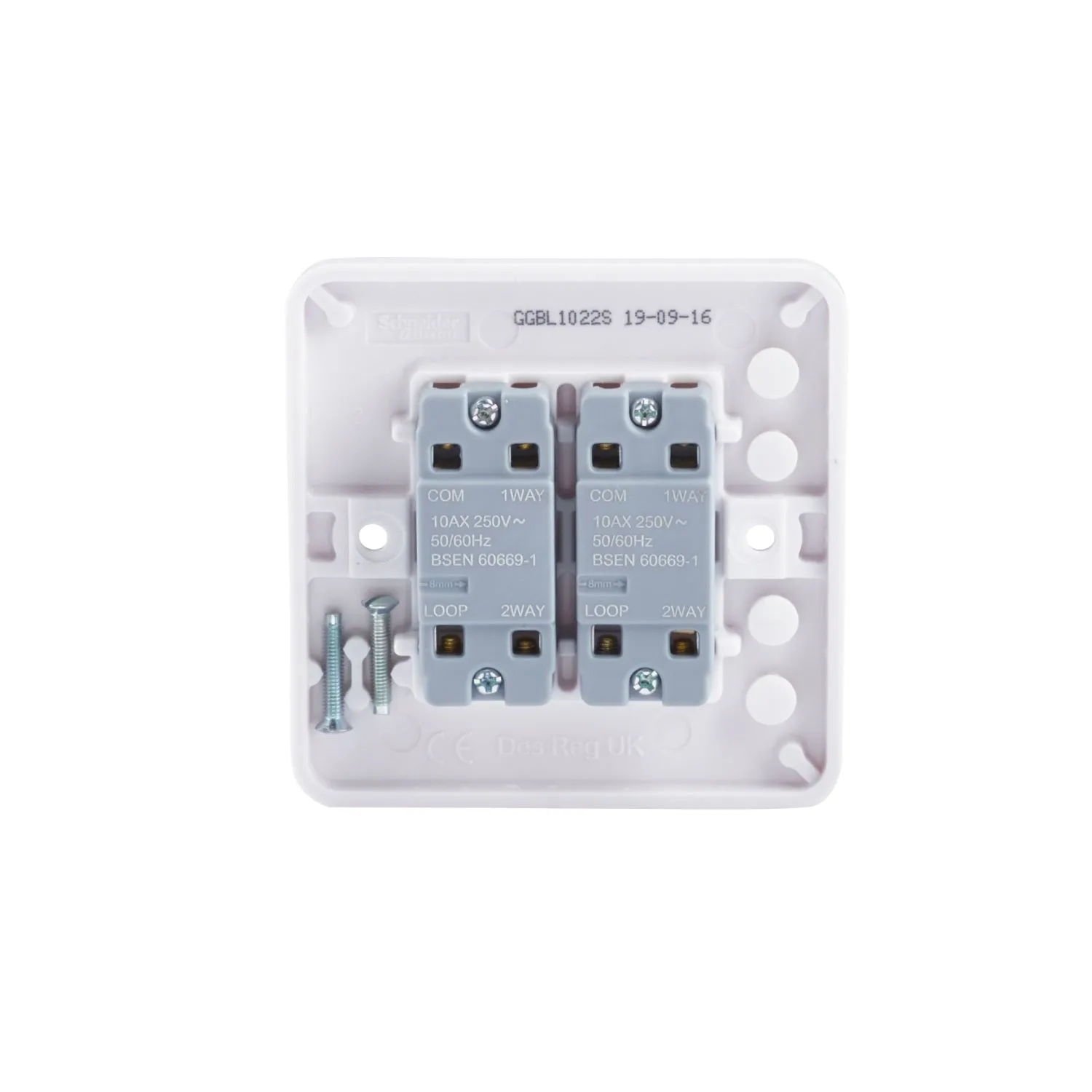 Schneider Electric GGBL1022S Lisse White Moulded 10AX 2G 2-Way Plate Switch (Display Packaged)