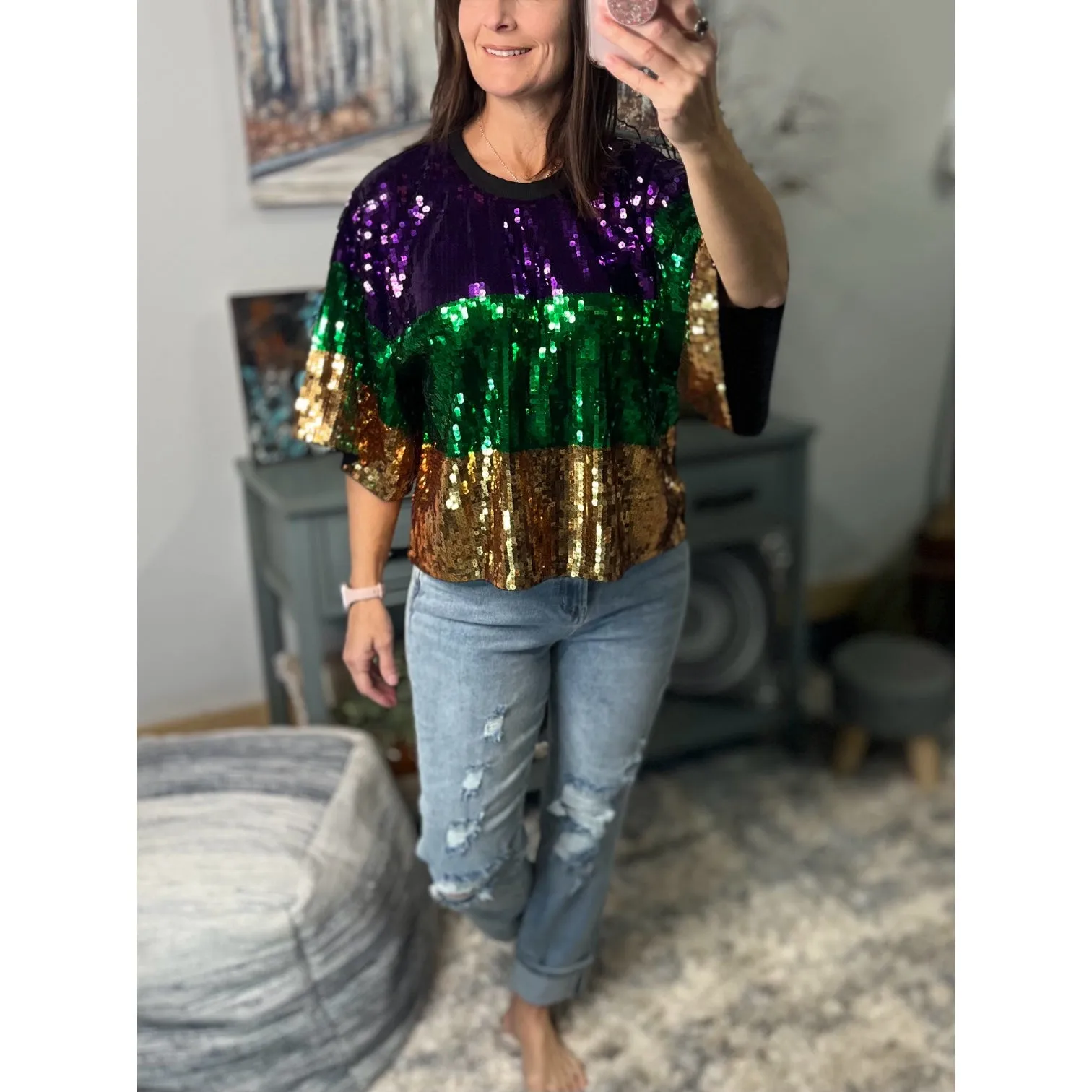 “Sidewalk Side” Mardi Gras Sequined Color Block Short Sleeves Cropped Parade Purple Green Gold