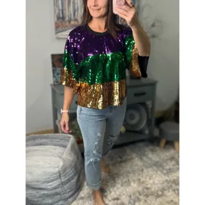 “Sidewalk Side” Mardi Gras Sequined Color Block Short Sleeves Cropped Parade Purple Green Gold