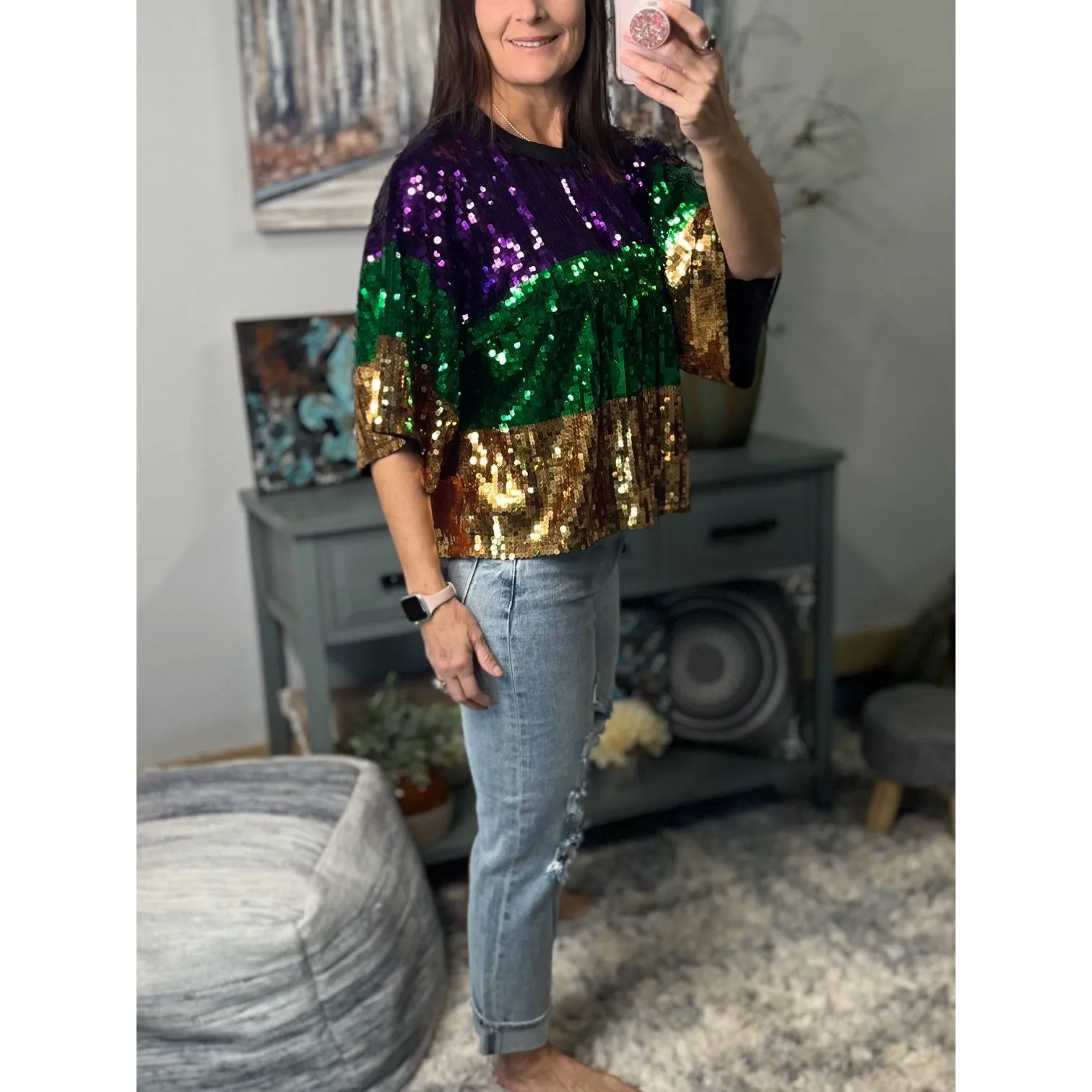 “Sidewalk Side” Mardi Gras Sequined Color Block Short Sleeves Cropped Parade Purple Green Gold