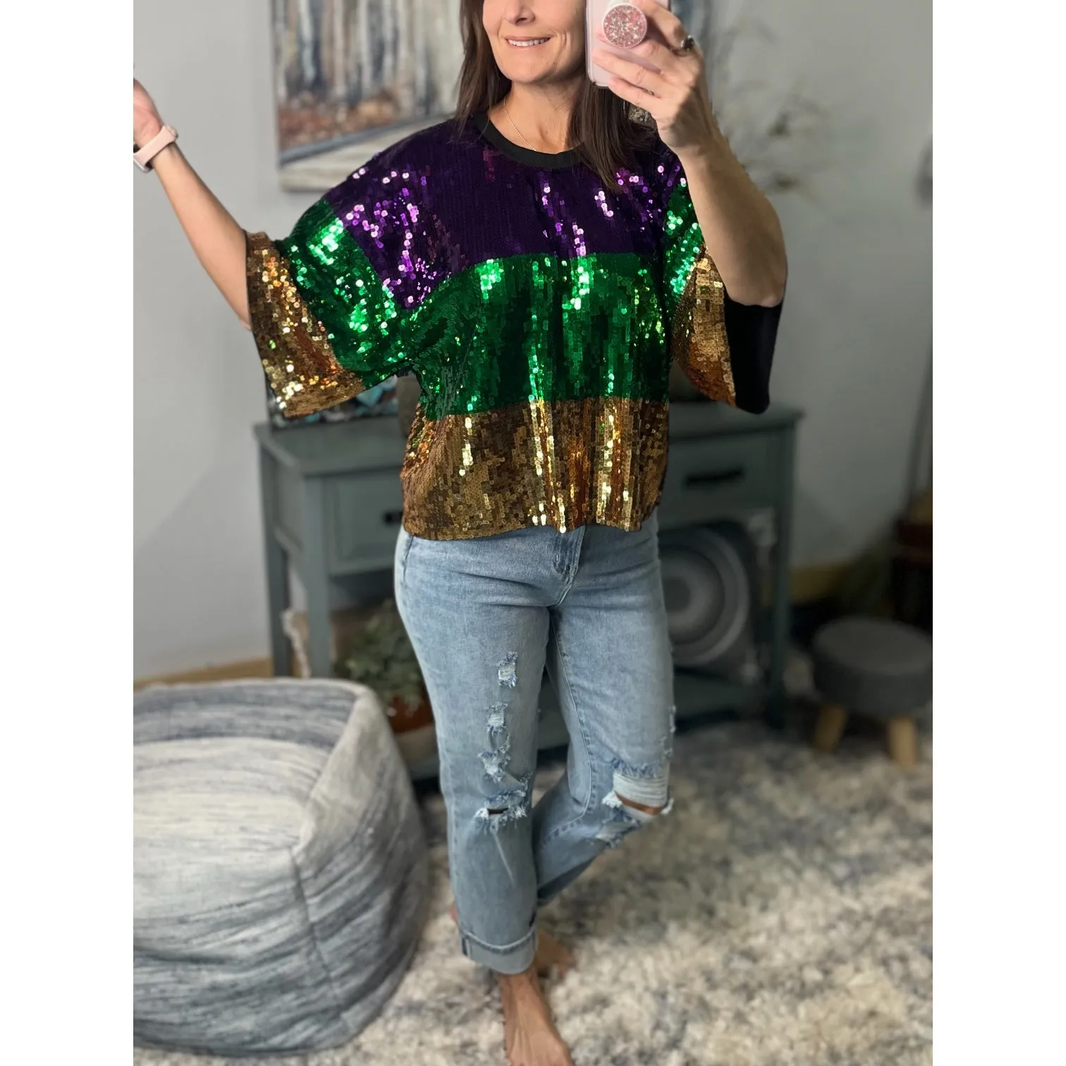 “Sidewalk Side” Mardi Gras Sequined Color Block Short Sleeves Cropped Parade Purple Green Gold