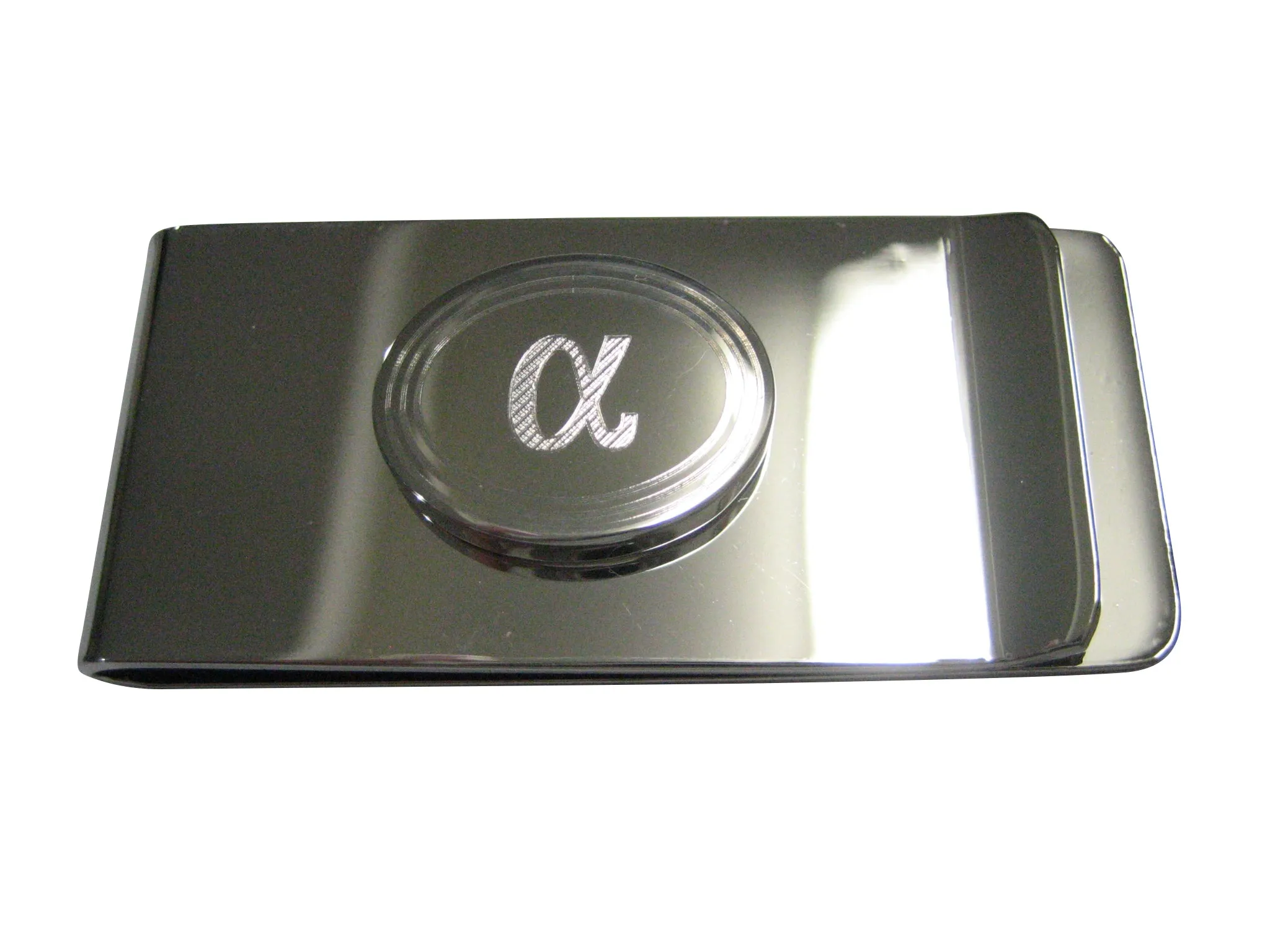 Silver Toned Etched Oval Greek Letter Alpha Money Clip
