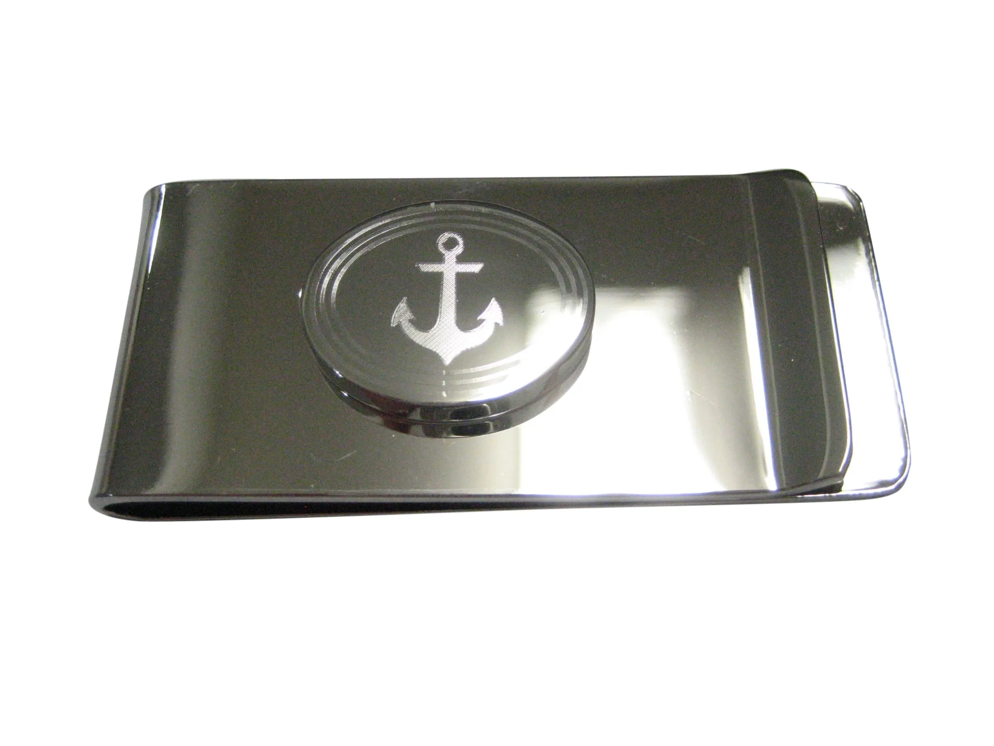 Silver Toned Etched Oval Nautical Anchor Money Clip