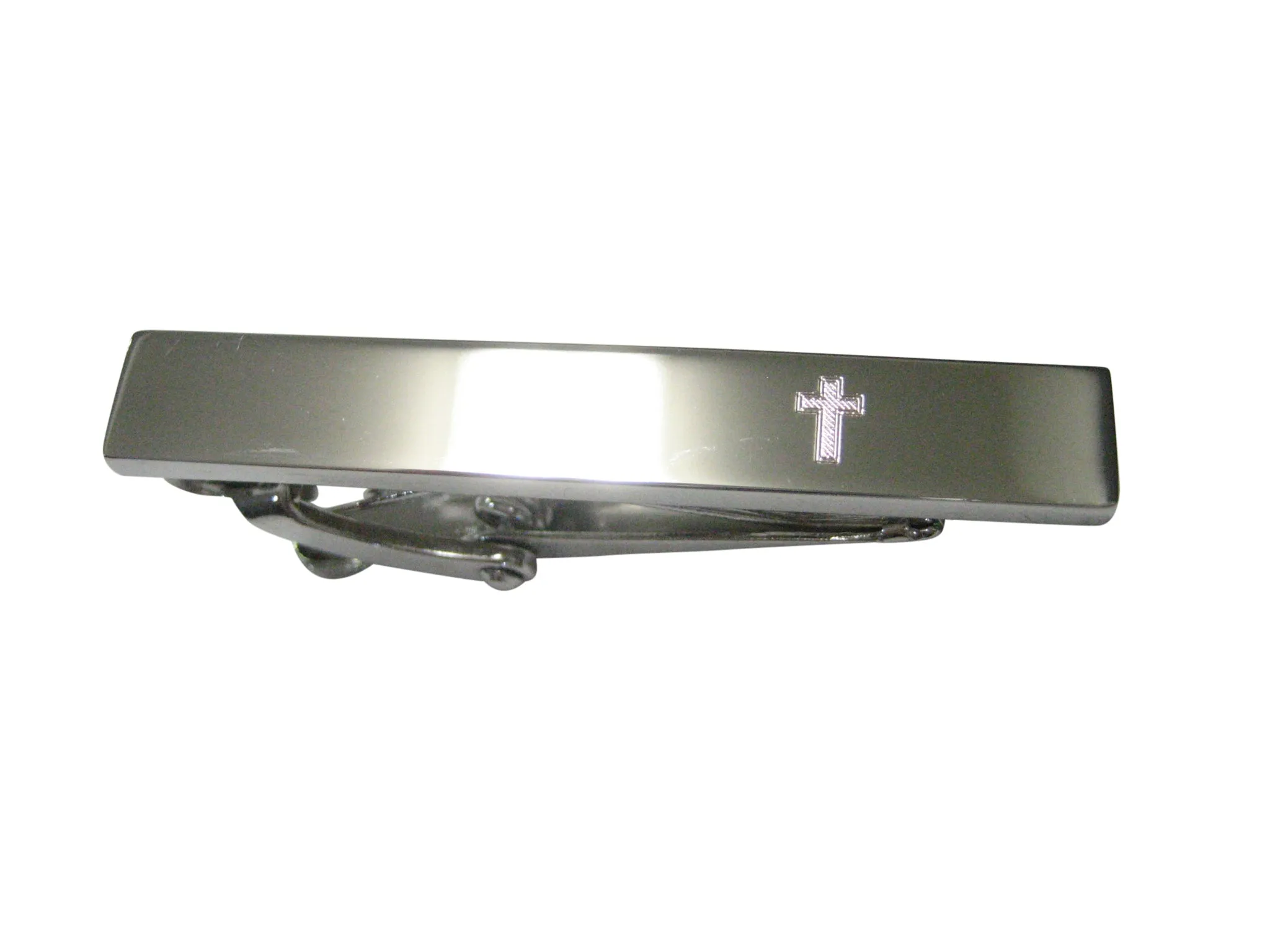 Silver Toned Etched Religious Cross Skinny Tie Clip