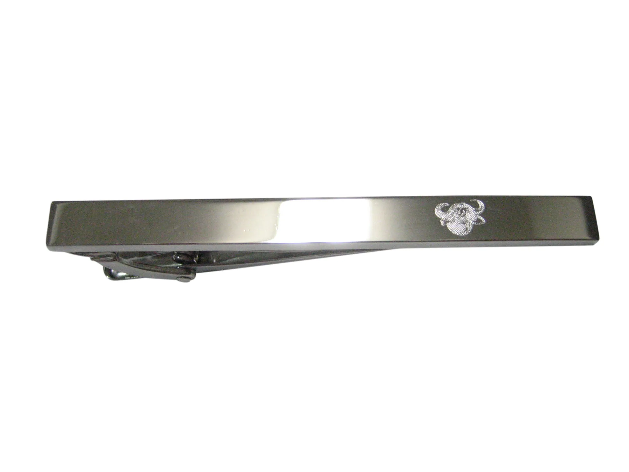 Silver Toned Etched Sleek African Buffalo Head Tie Clip