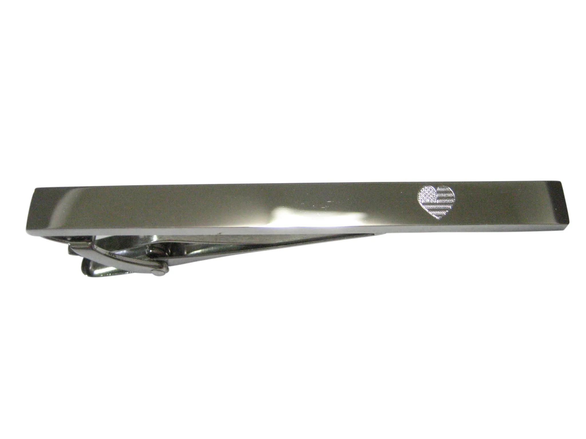 Silver Toned Etched Sleek American Flag with Heart Tie Clip
