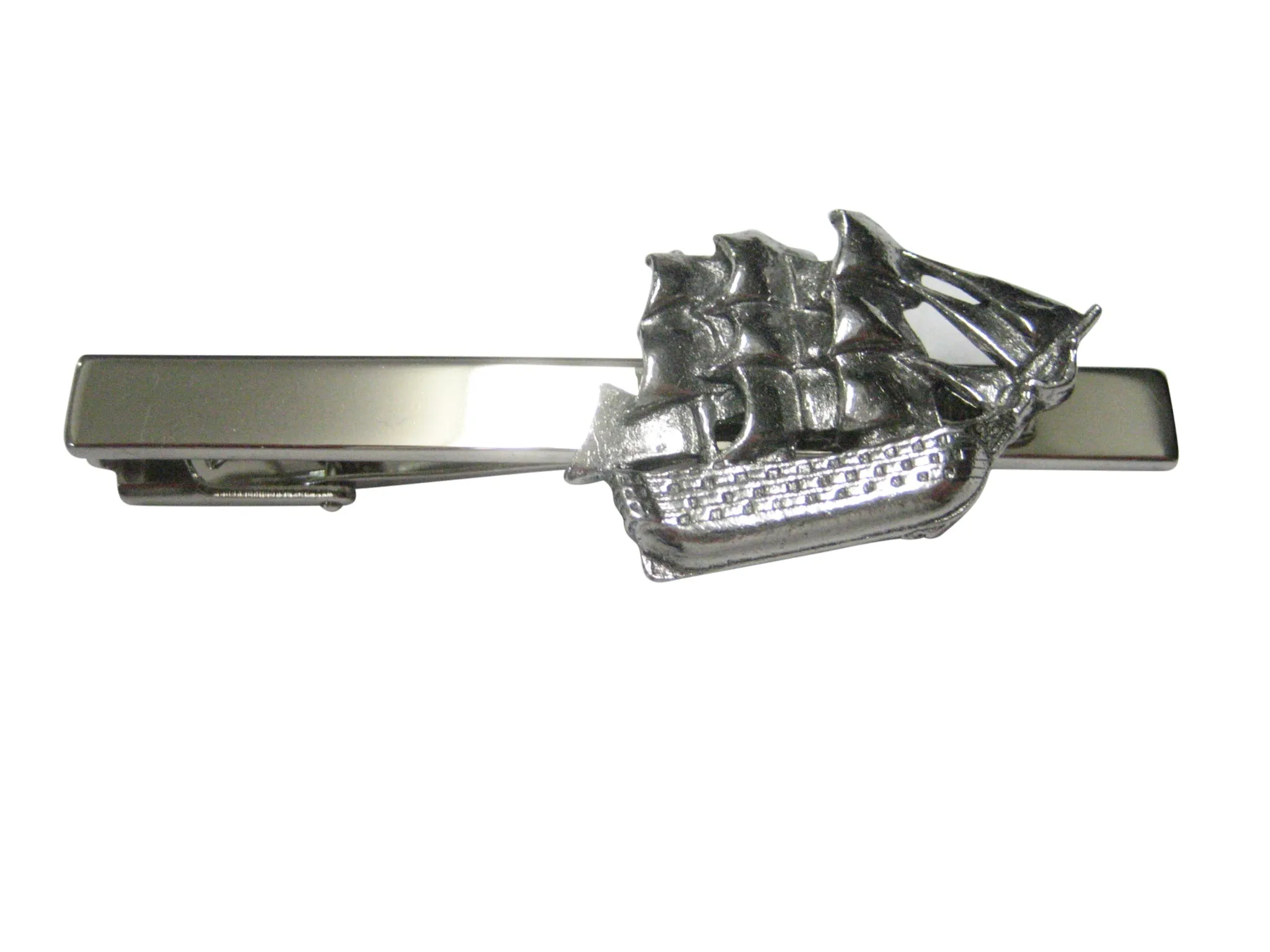 Silver Toned Shiny Galleon Old Ship Square Tie Clip