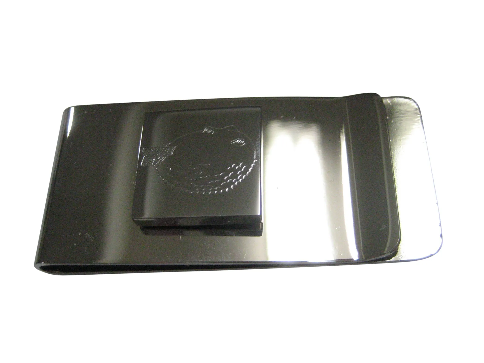 Silver Toned Square Etched Blowfish Fugu Puffer Fish Money Clip