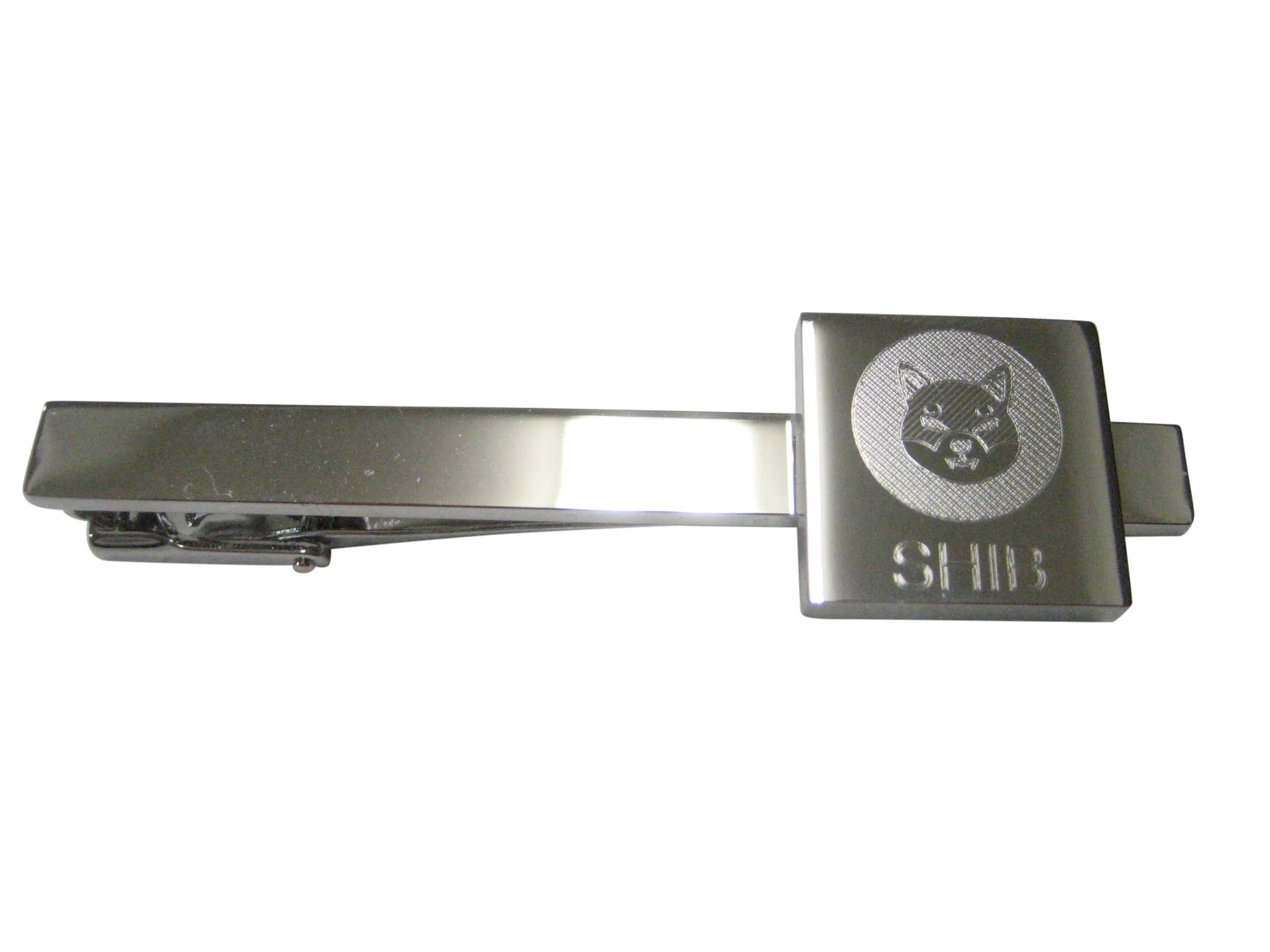 Silver Toned Square Etched Shiba Inu Coin SHIB Cryptocurrency Blockchain Tie Clip
