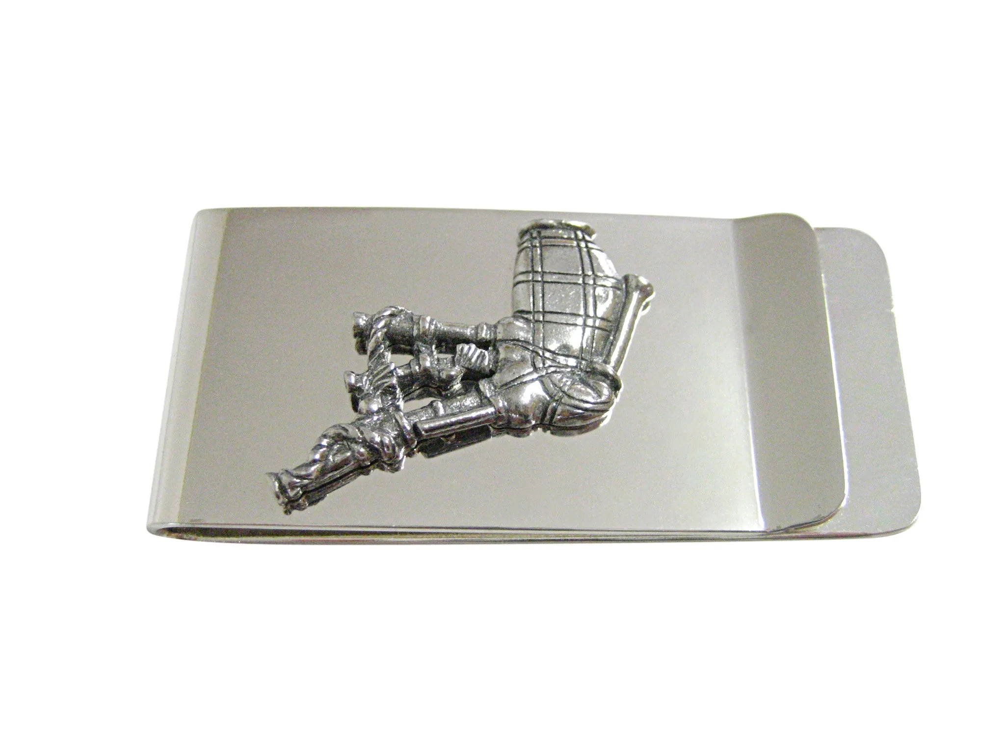 Silver Toned Textured Scottish Bag Pipes Music Instrument Money Clip
