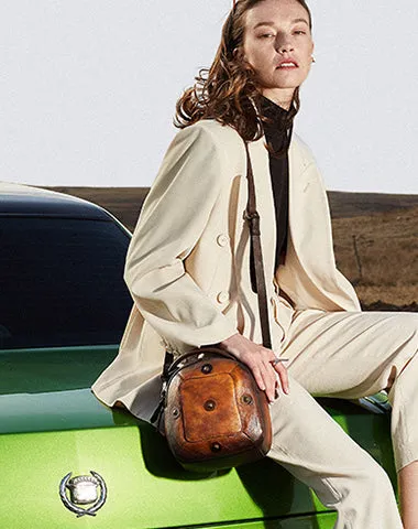 Small Green Leather Womens Rivets Shoulder Bag Barrel Small Handmade Handbag Purse for Ladies