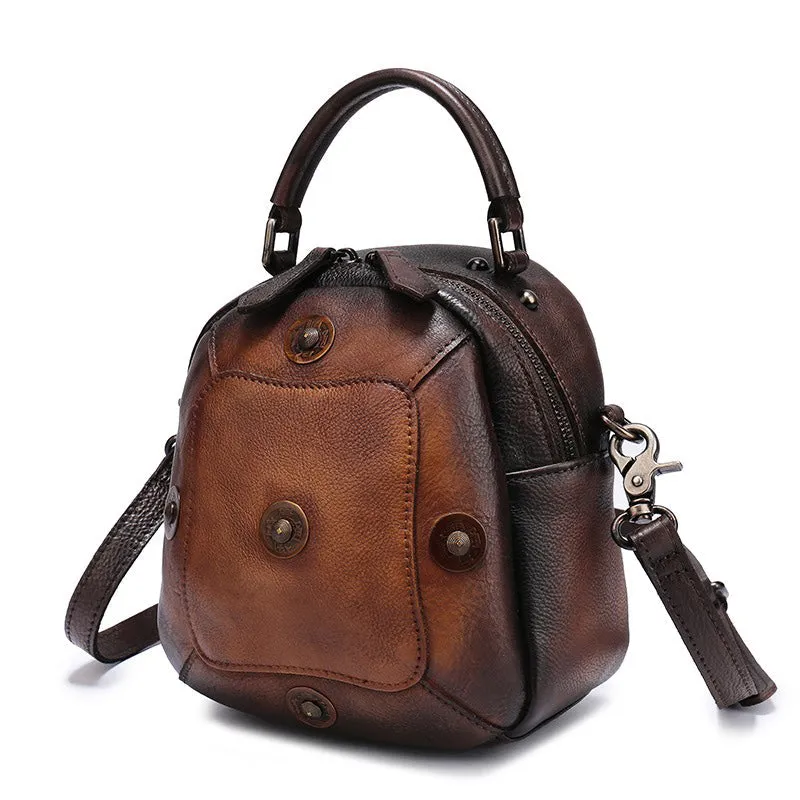 Small Green Leather Womens Rivets Shoulder Bag Barrel Small Handmade Handbag Purse for Ladies