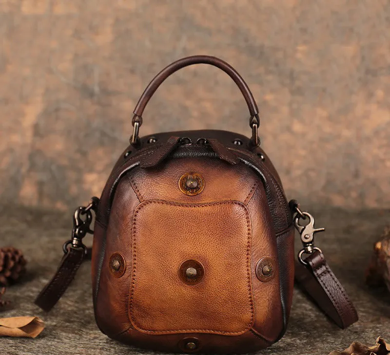 Small Green Leather Womens Rivets Shoulder Bag Barrel Small Handmade Handbag Purse for Ladies