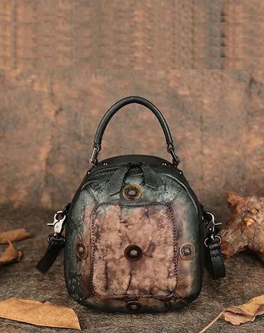 Small Green Leather Womens Rivets Shoulder Bag Barrel Small Handmade Handbag Purse for Ladies
