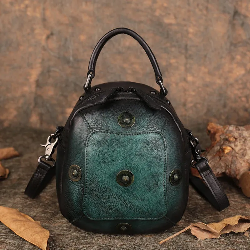 Small Green Leather Womens Rivets Shoulder Bag Barrel Small Handmade Handbag Purse for Ladies