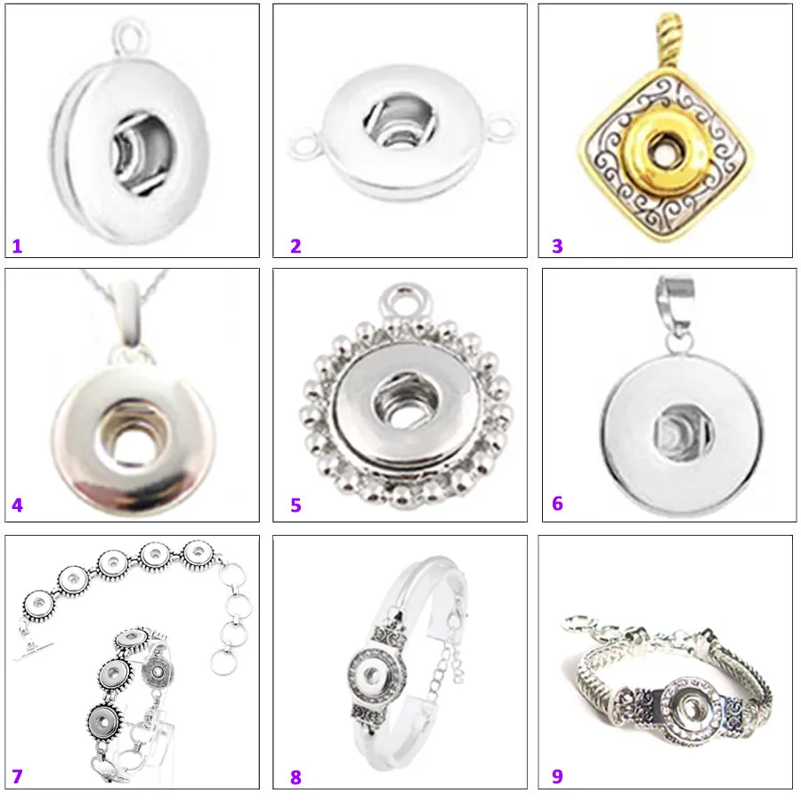 Snap button pendant base 12mm round silver metal finding single loop