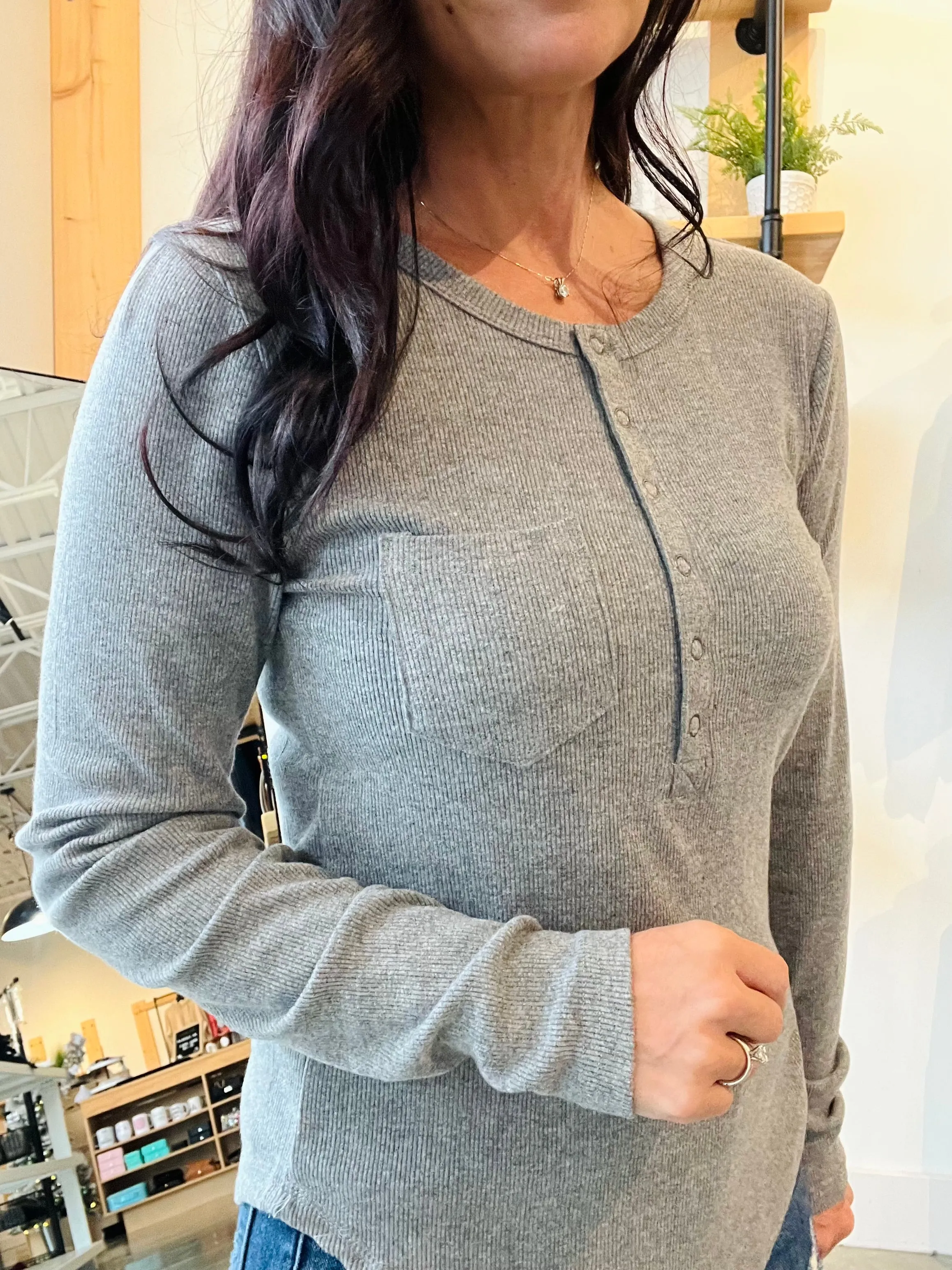 Snap Button Rib Top - Heather Grey