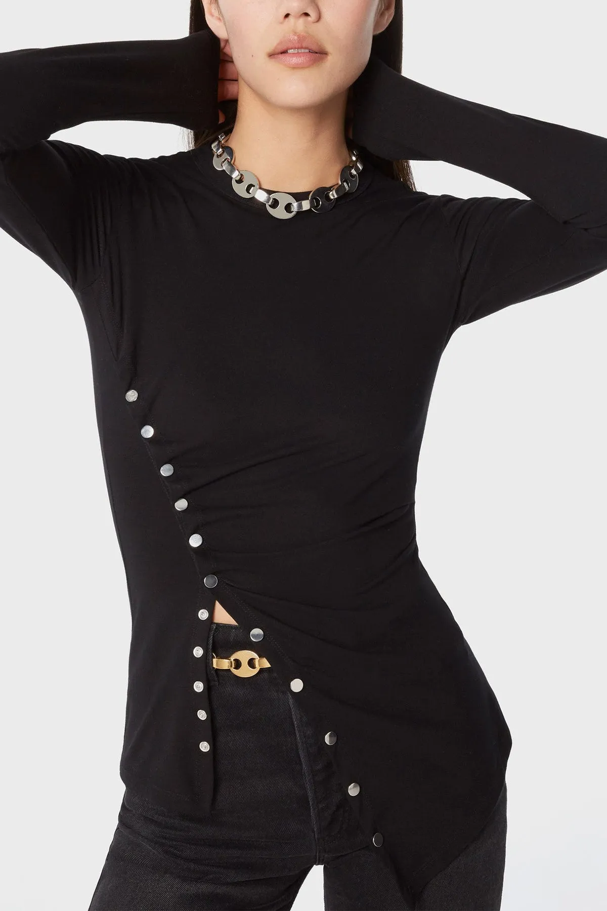 Snap-Fastening Long Sleeve Top in Black