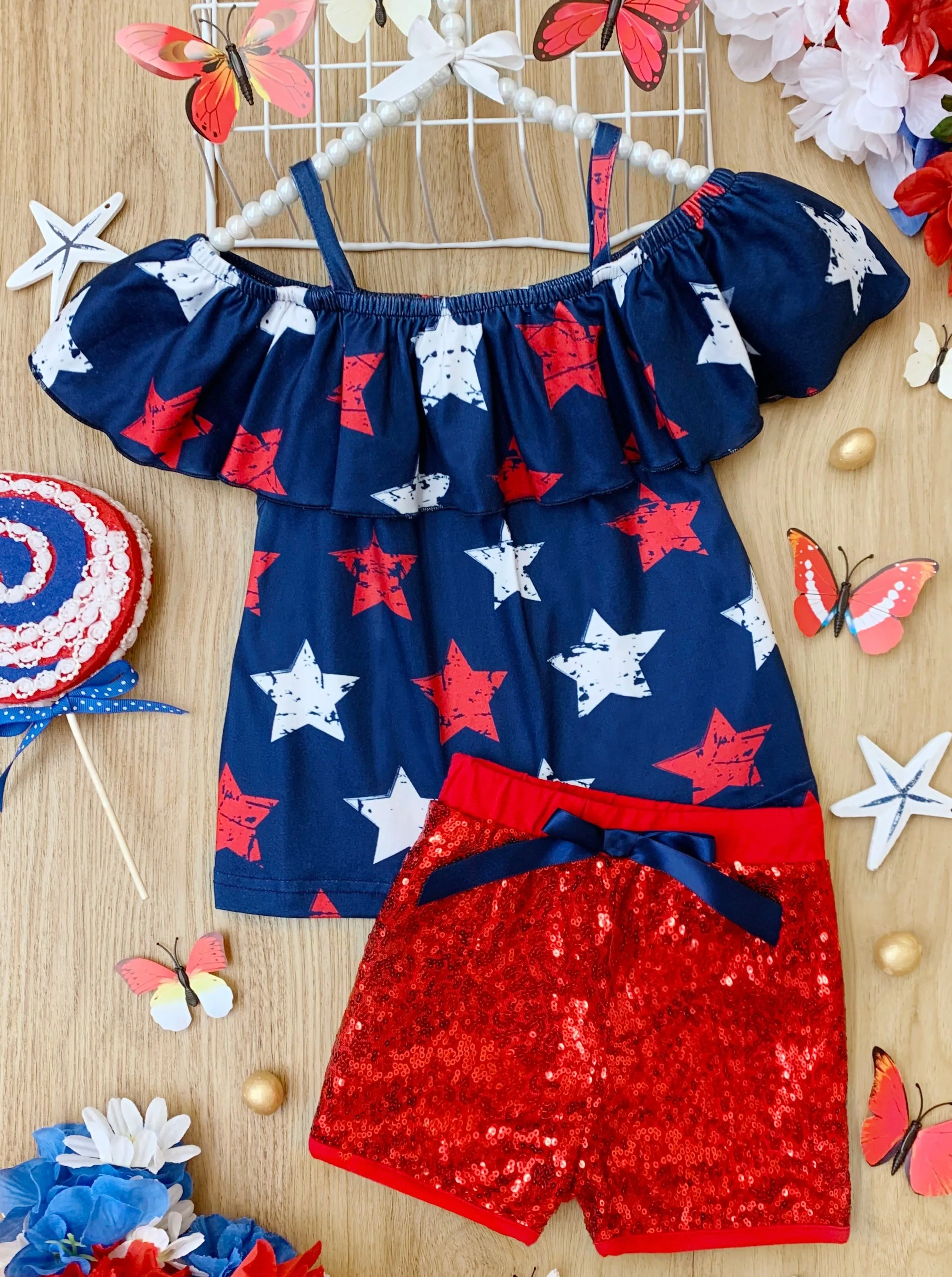Sparkle Star Cold Shoulder Top and Sequin Short Set