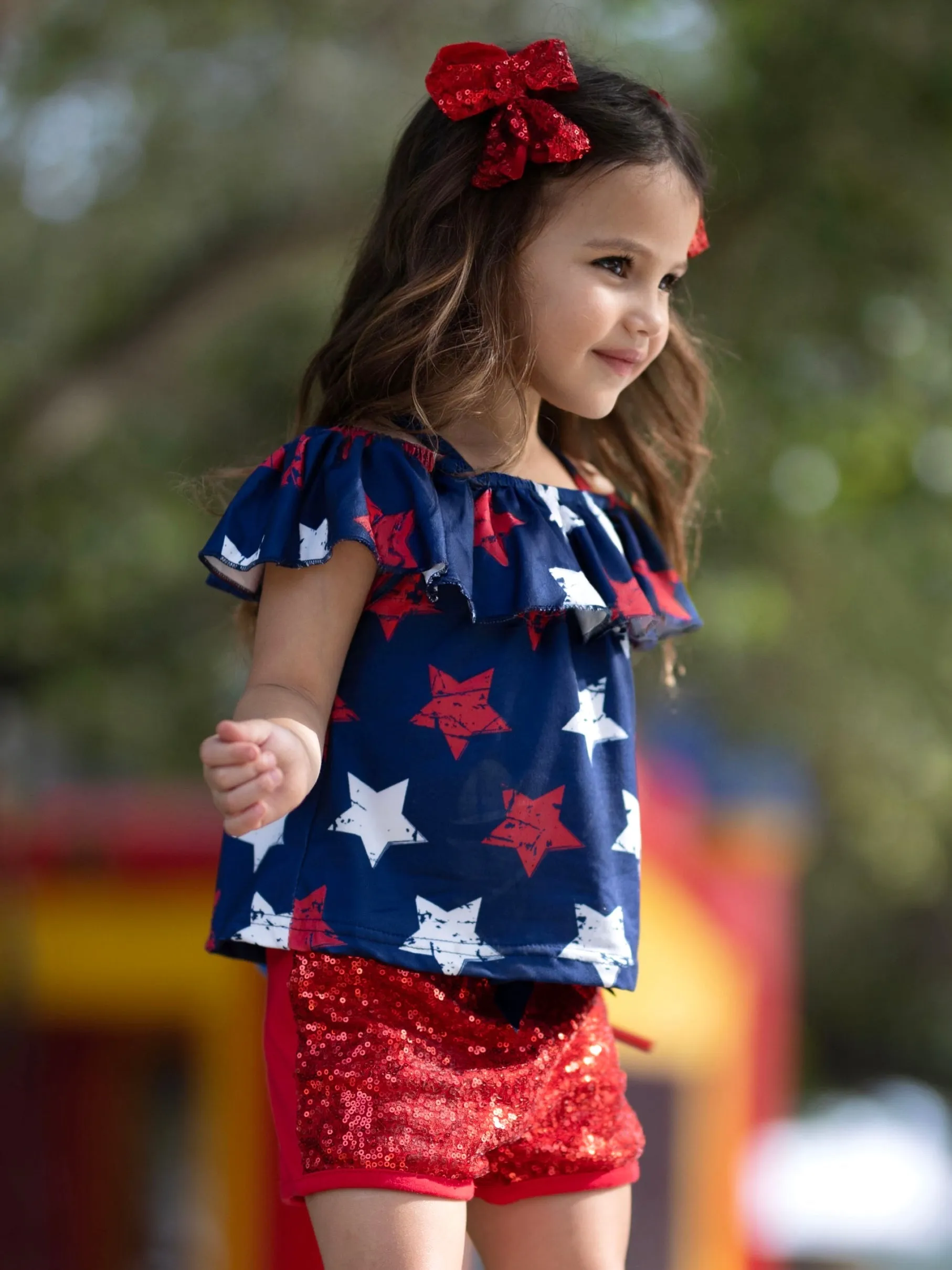 Sparkle Star Cold Shoulder Top and Sequin Short Set